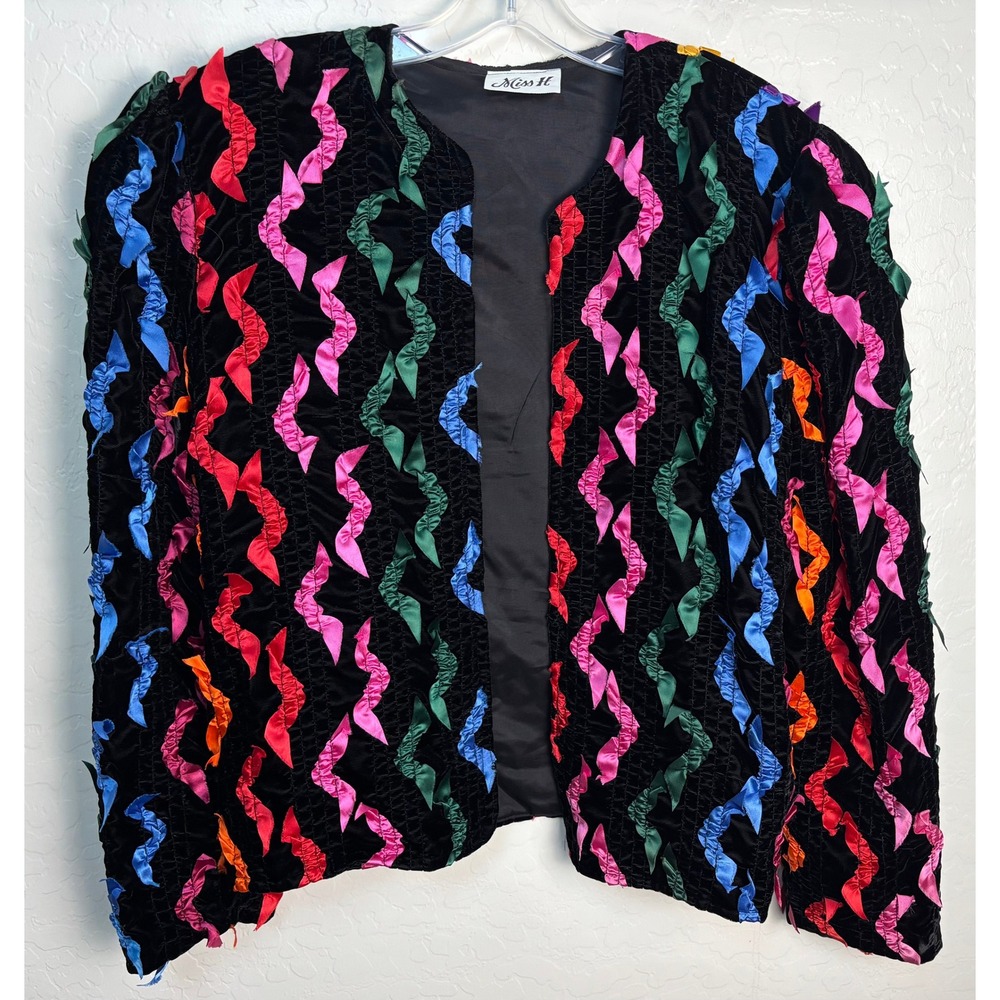 Vintage Miss H Womens Rainbow Ribbon Applique Jacket Black Rayon‎ USA L 2355